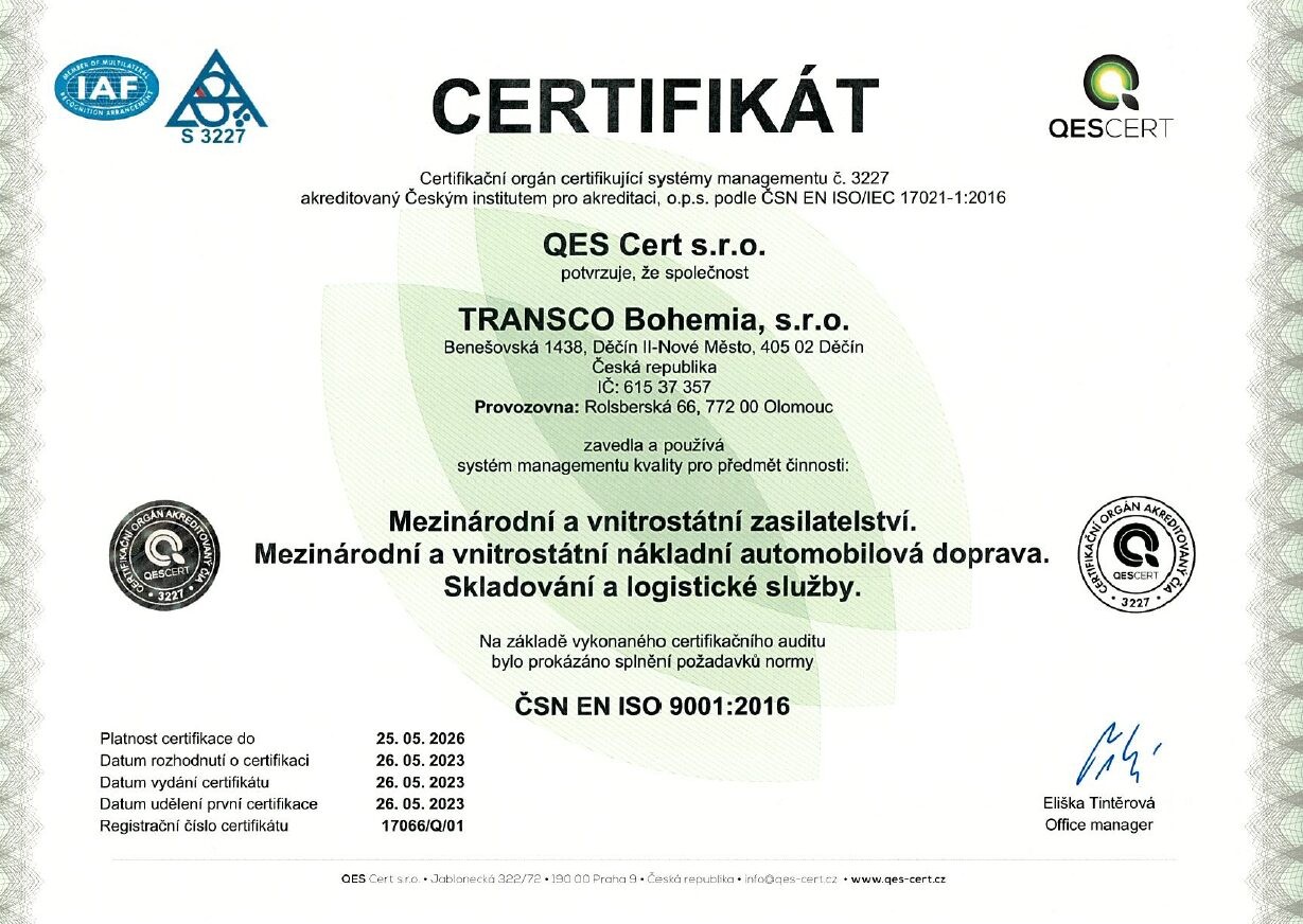 Certifikát ISO 9001 pro systém managementu kvality společnosti Transco